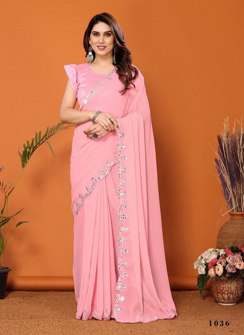 Peach Colour Starwalk Vol 5 By S Walk Georgette Mirror Designer Saree Wholesale Price In Surat 1036