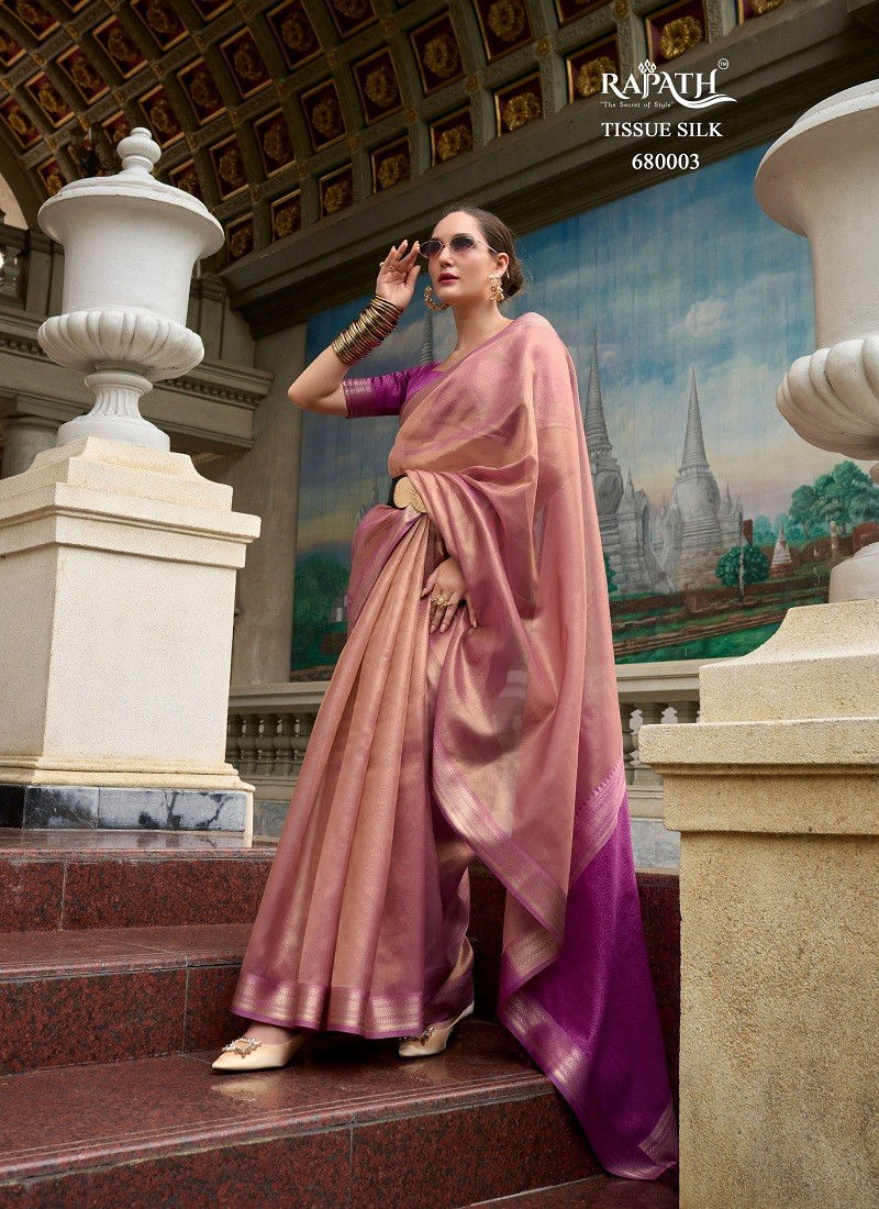 Peach Colour Titan Silk By Rajpath Tissue Casual Wear Saree Suppliers In India 680003