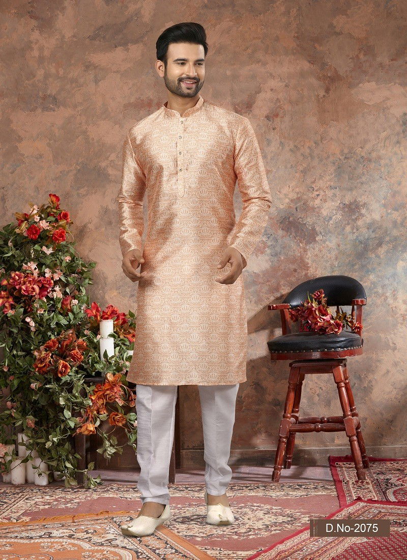 Peach Colour Vol 10 Wedding Wear Mens Kurta Pajama Orders In India 2075