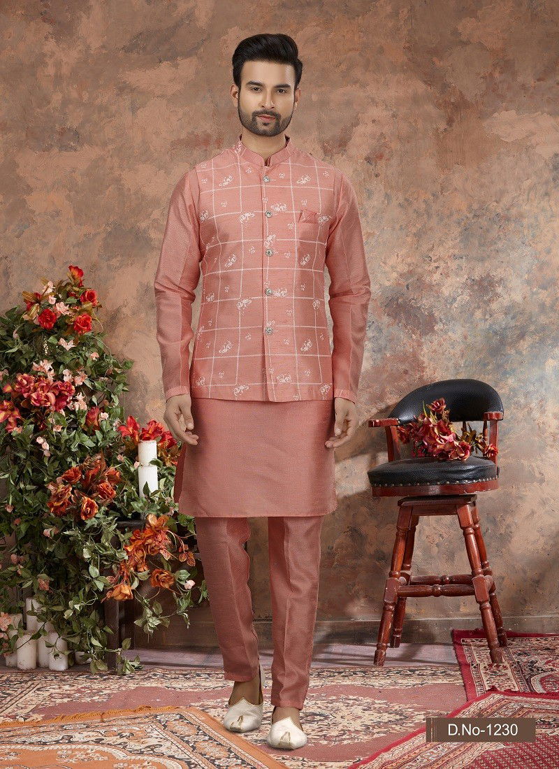 Peach Colour Vol 11 Function Wear Mens Modi Jacket Kurta Pajama Wholesale Online 1230