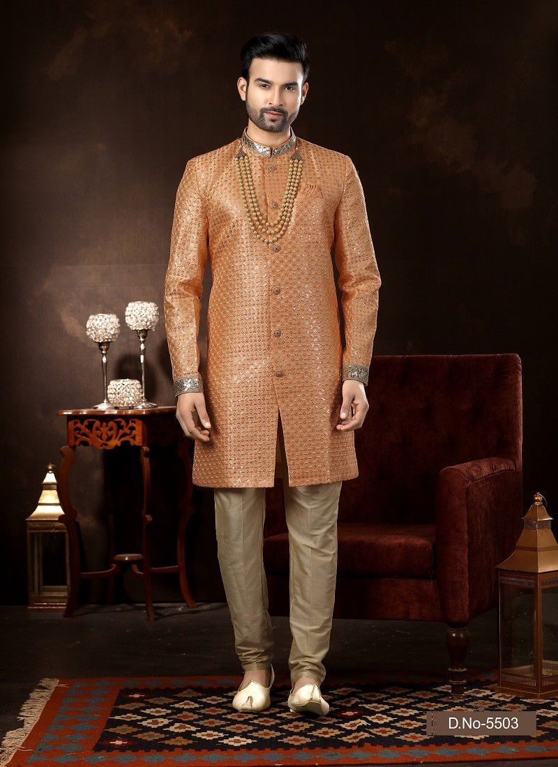 Peach Colour Vol 12 Wedding Wear Mens Wholesale Sherwani In India 5503