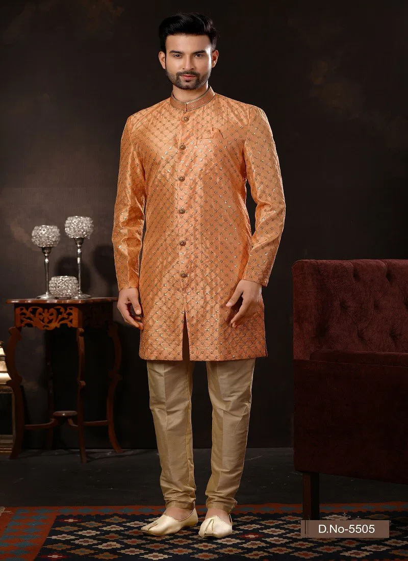 Peach Colour Vol 12 Wedding Wear Mens Wholesale Sherwani In India 5505