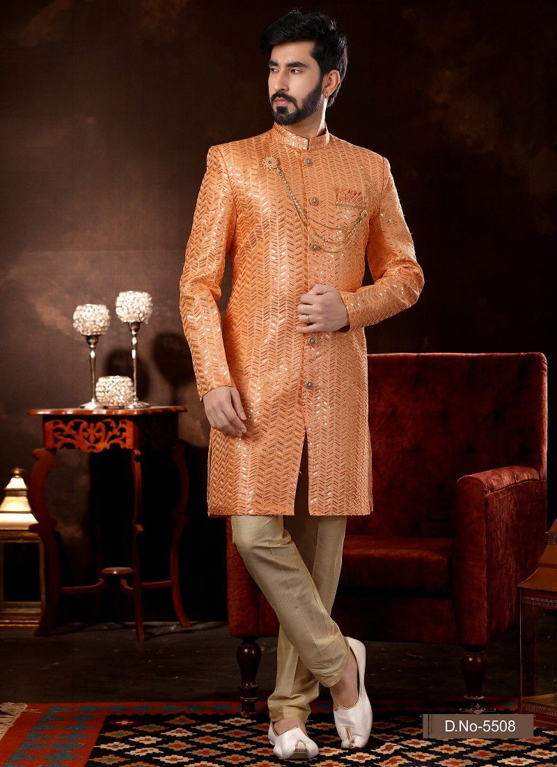 Peach Colour Vol 12 Wedding Wear Mens Wholesale Sherwani In India 5508