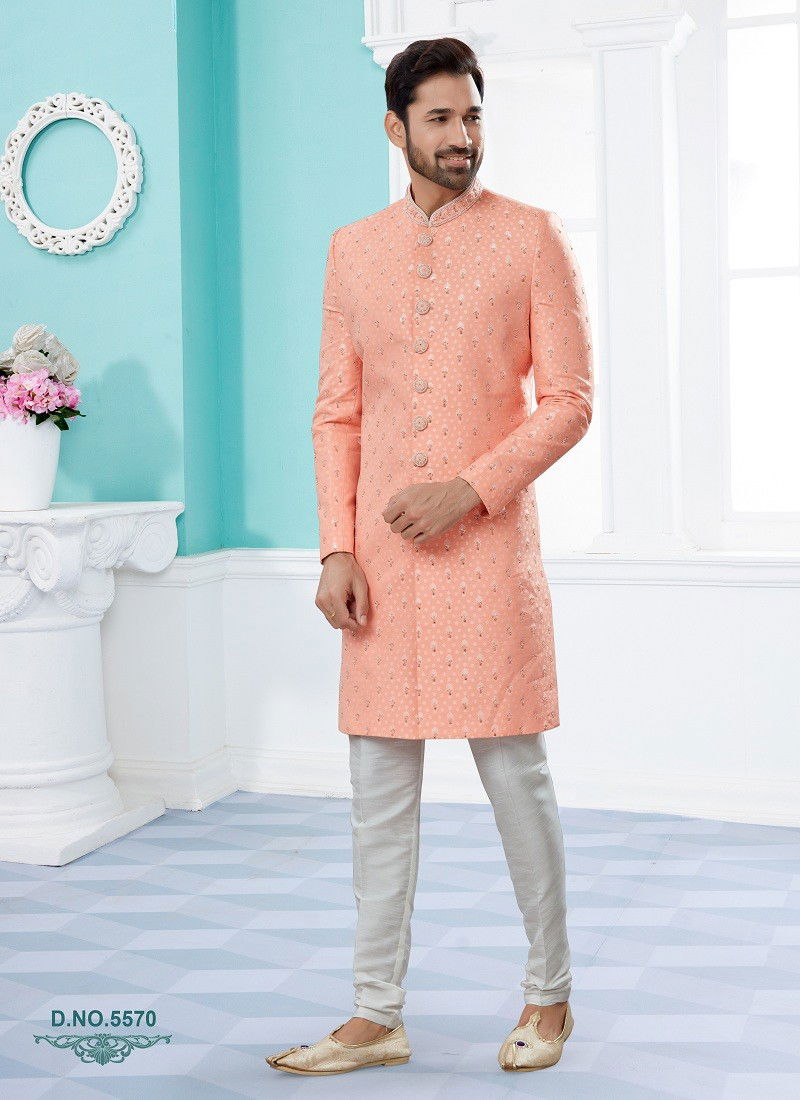 Peach Colour Vol 14 Party Wear Mens Sherwani Exporters In India 5570