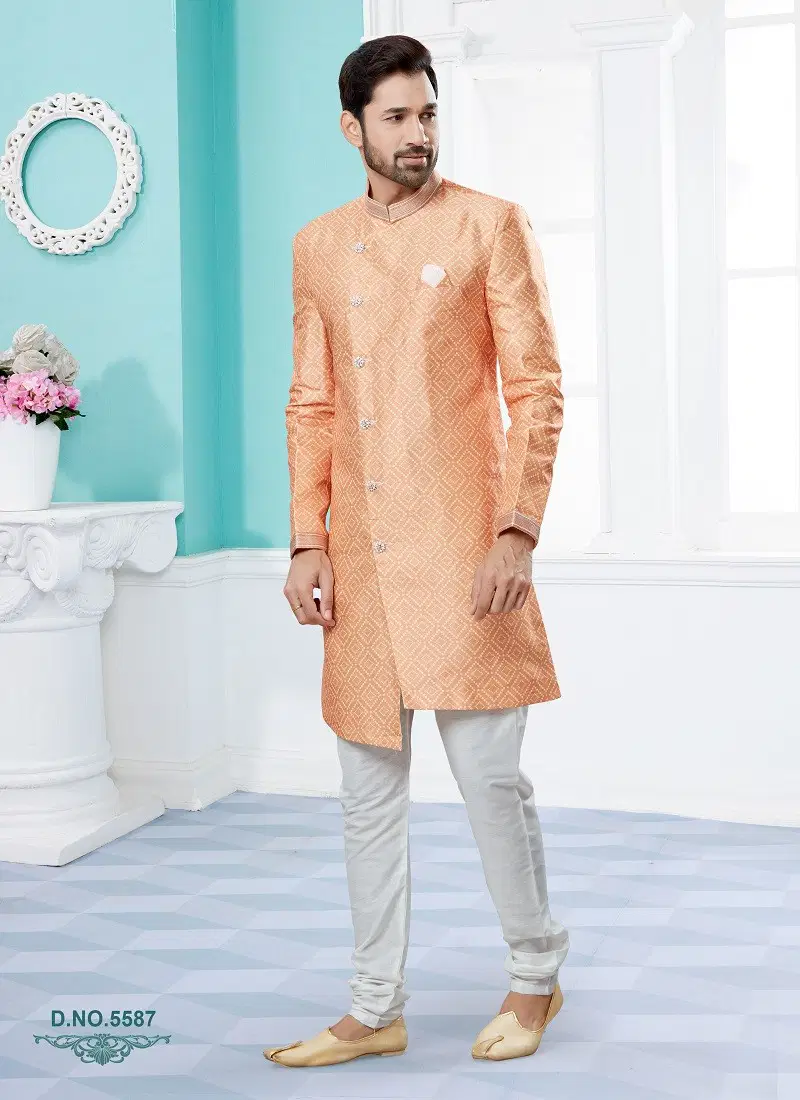 Peach Colour Vol 14 Party Wear Mens Sherwani Wholesale Shop In Surat 5587