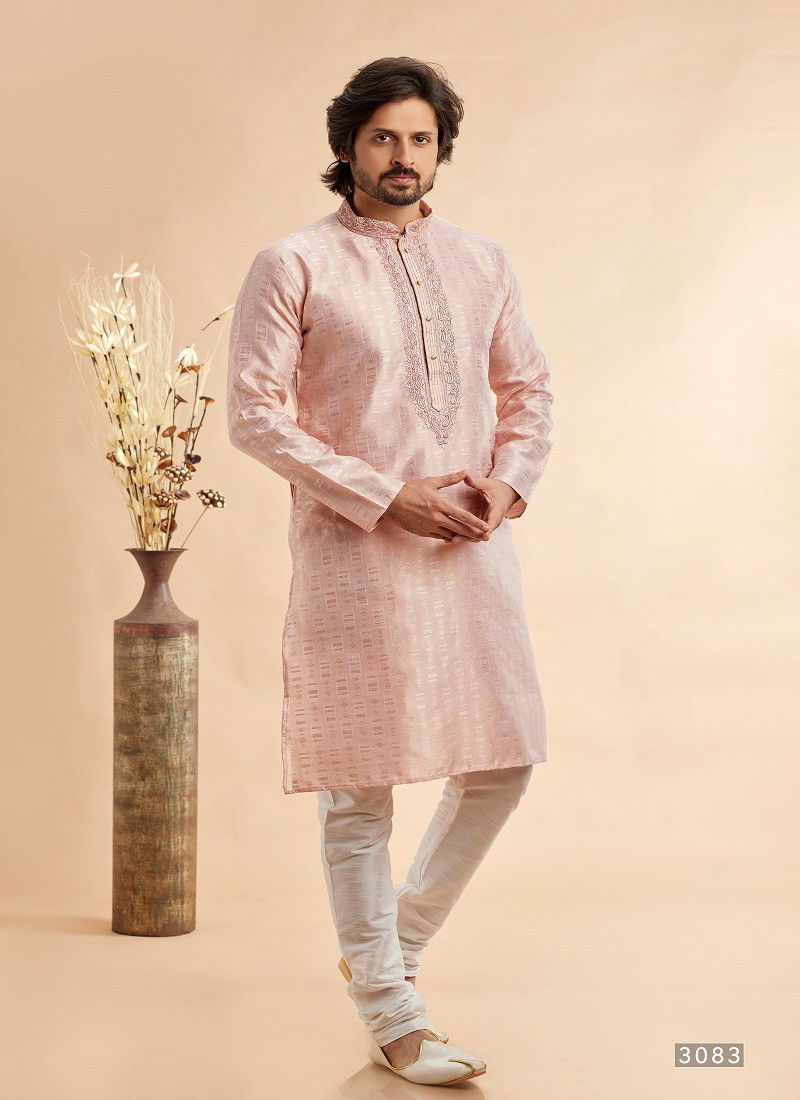 Peach Colour Vol 93 Occasion Wear Jaquard Art Silk Mens Kurta Pajama Wholesale Online 3083