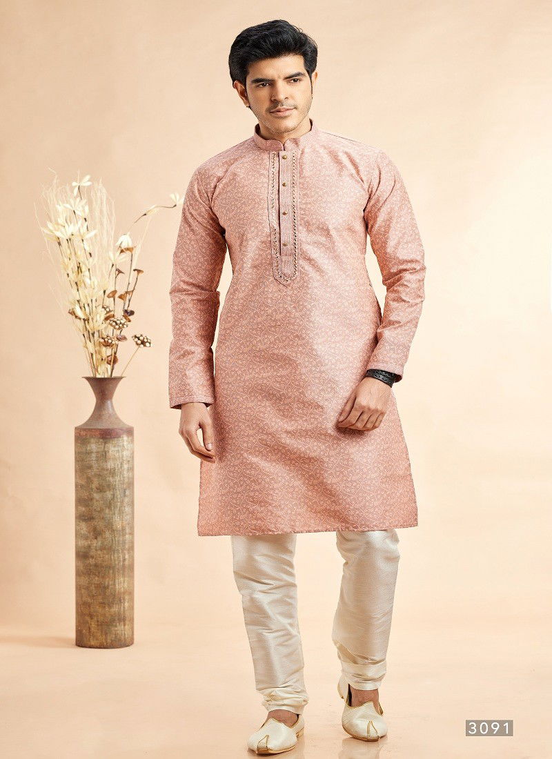 Peach Colour Vol 93 Occasion Wear Jaquard Art Silk Mens Kurta Pajama Wholesale Online 3091