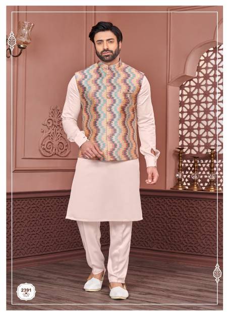 Peach Colour Wedding Wear Art Embroidered Banarasi Silk Mens Modi Jacket Kurta Pajama Wholesale Manufacturers 2391