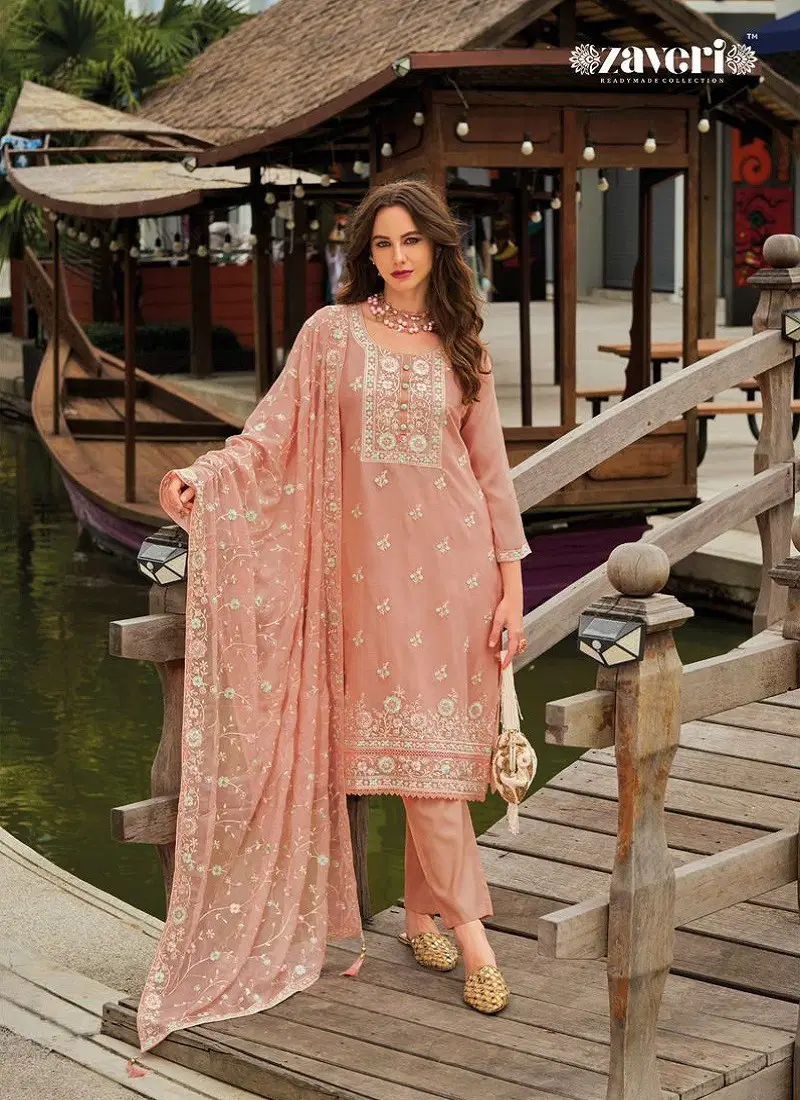 Peach Colour Zaira By Zaveri Chiffon Embroidery Kurti With Bottom Dupatta Exporters In India 1353