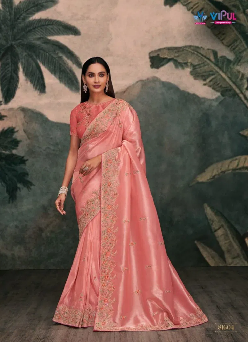 Peach Colour Zari By Vipul Organza Party Wear Saree Wholesale Shop In India 81604