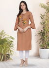 Peach Cotton Silk Designer Latest Party Wear Handwork Simple Kurtis 7074