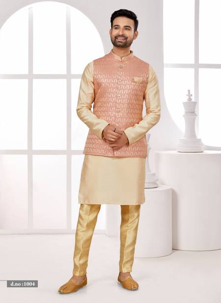 Peach Cream Colour Function wear Lakhnavi Mens wear Modi Jacket Kurta Pajama Catalog 1004