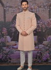 Peach Georgette Lucknawi Embroidered Fabric Heavy Wedding Designer Sherwani 180576