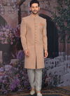 Peach Georgette Lucknawi Embroidered Fabric Wedding Designer Sherwani 180573