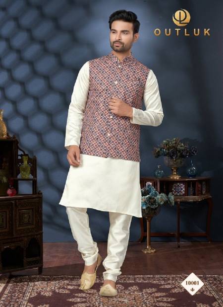 Peach Multi And Off White Colour Outluk Wedding Lucknowi Vol 10 Mens Wear Modi Jacket Kurta Pajama Wholesale Online 10001