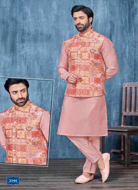 Peach Multi Colour Function Wear Mens Modi Jacket Kurta Pajama Wholesale Market In Surat With Price 2344