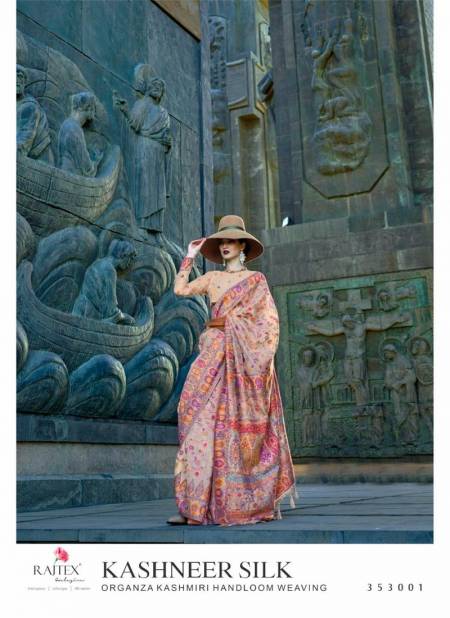 Peach Multi Colour Kashneer Silk By Rajtex Organza Kashmiri Handloom Weaving Saree Wholesale Online 353001