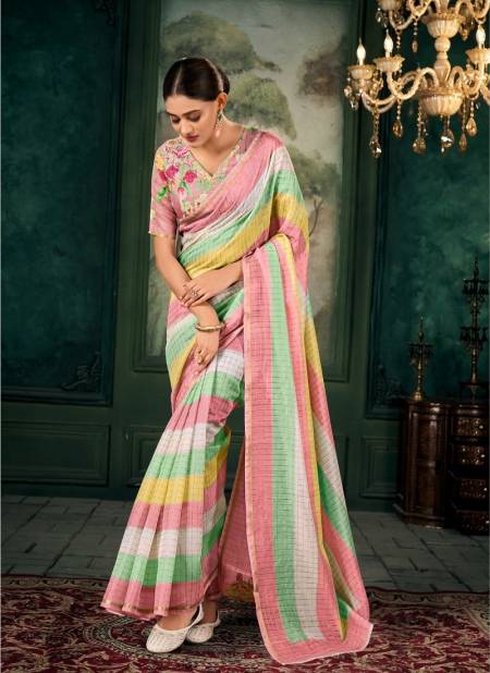 Peach Multi Colour Meghdhanush By Rajpath Chanderi Linen Printed Casual Wear Bulk Saree Orders In India 650004