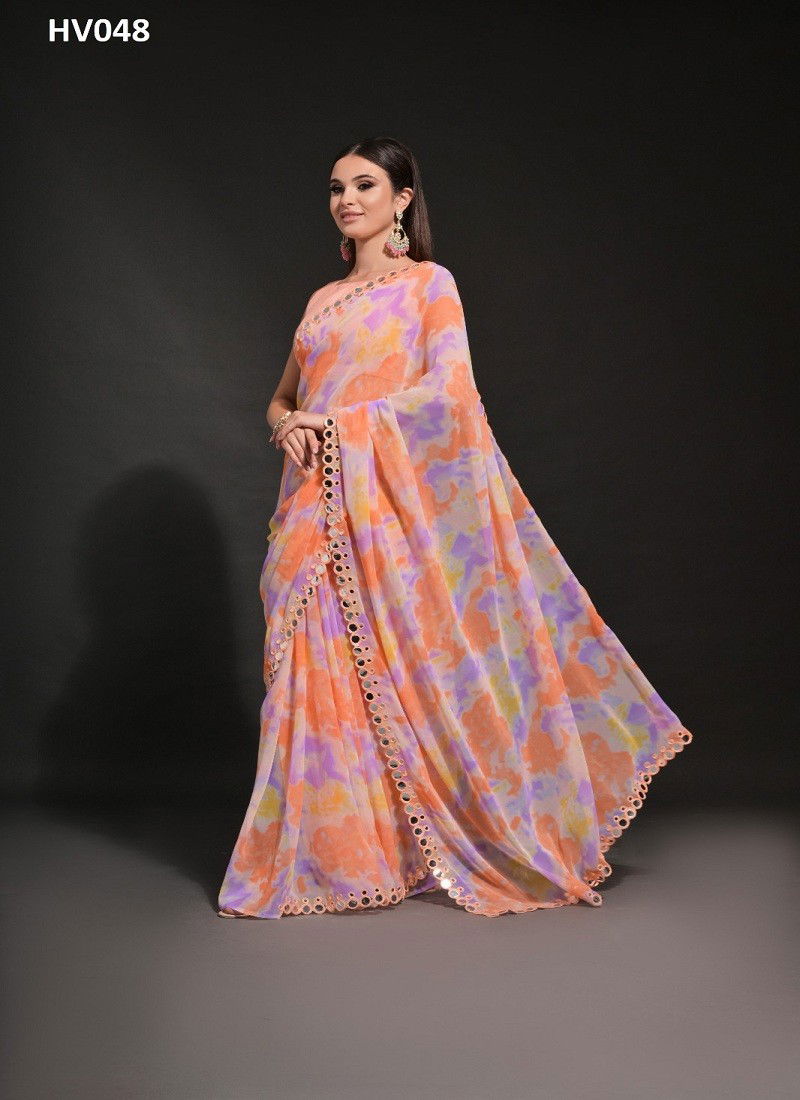 Peach Multi Colour Mirza By Fashion Berry Georgette Foil Printed Sarees Exporters In India HV048