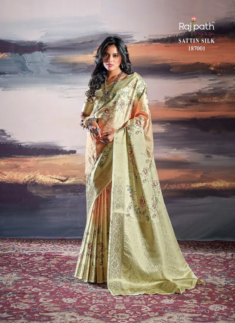 Peach Multi Colour Pratishtha Silk By Rajpath Satin Printed Saree Wholesale Market In Surat 187001