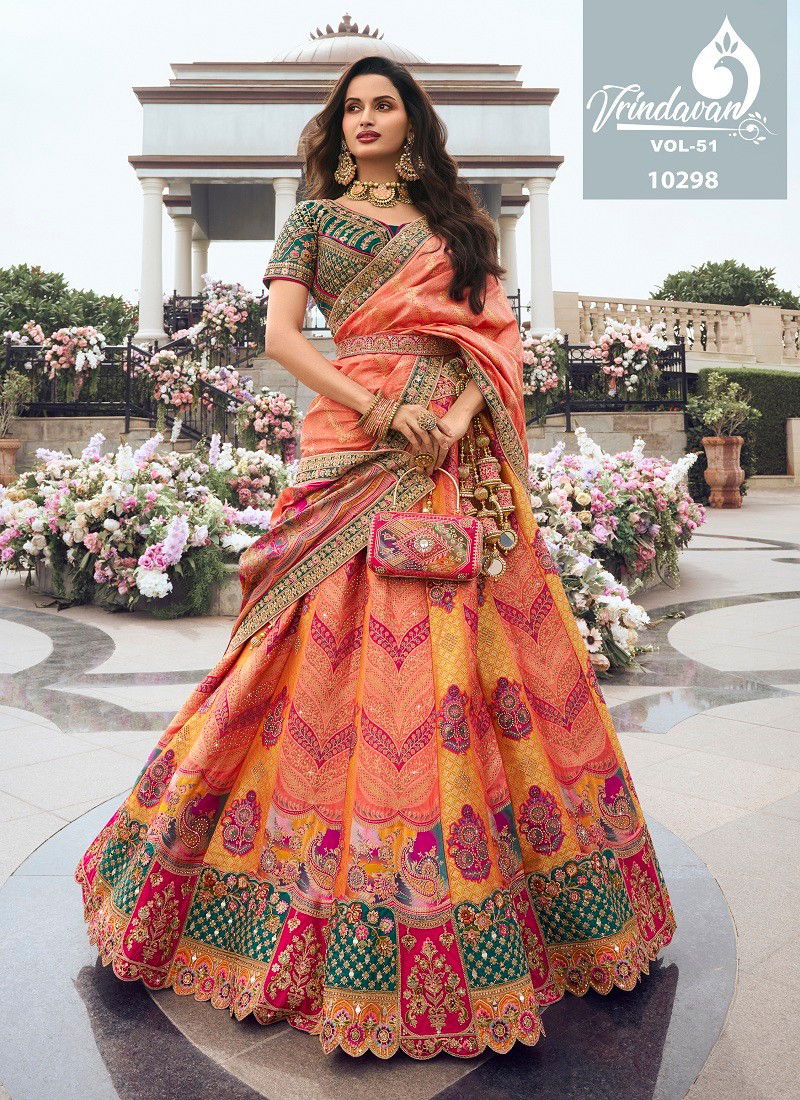 Peach Multi Colour Royal Vrindavan Vol 51 Silk Bridal Lehenga Choli Suppliers In India 10298