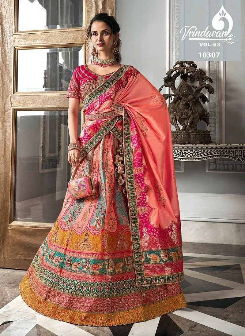 Peach Multi Colour Royal Vrindavan Vol 53 Banarasi Silk Bridal Lehenga Choli Orders In India 10307