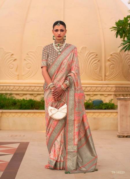 Peach Multi Colour Sinhasan By Trirath P.V Silk Foil Printed Casual Wear Saree Wholesalers In India 10223