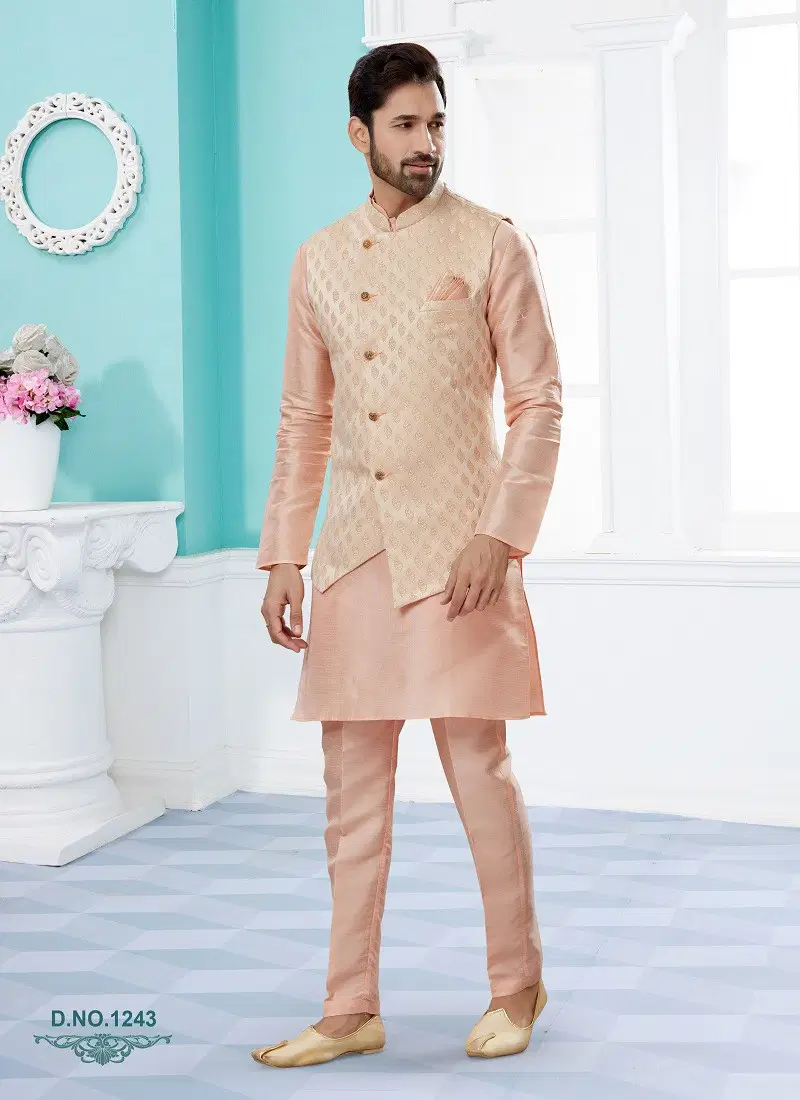 Peach Vol 15 Wedding Wear Mens Modi Jacket Kurta Pajama Surat Wholesale Market 1243