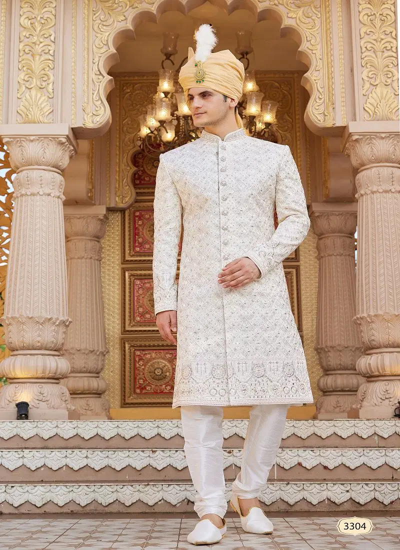 Peach White Colour 1660 Function Wear Mens Sherwani Surat Orders In India 3304