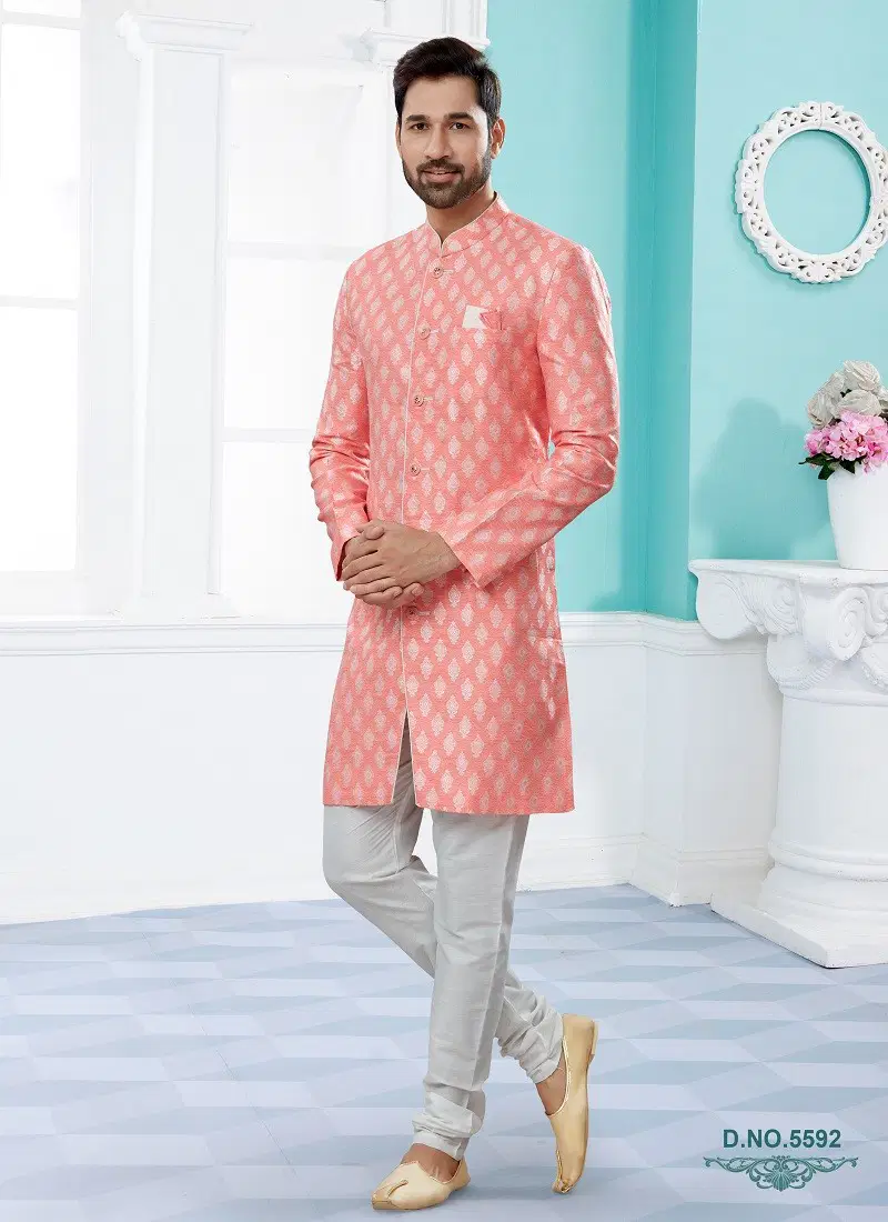 Peach White Colour Vol 14 Party Wear Mens Sherwani Wholesale Shop In Surat 5592