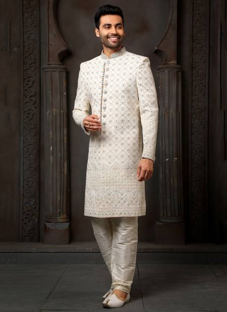 Pearl Colour Wedding Wear Wholesale Sherwani Catalog 1731