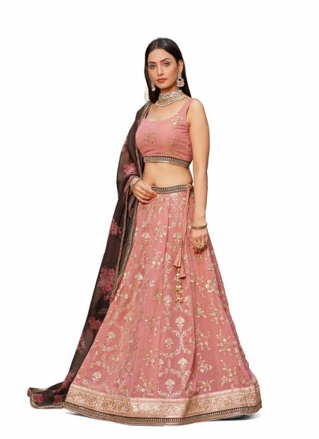 Pink And Brown Colour Golden Palm By Zeel Clothing Georgette Lehenga Choli Wholesale Online 8005