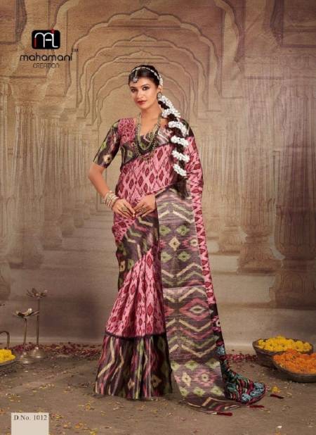 Pink And Brown Colour Rashmika 1001 To 1012 By Mahamani Creation Printed Heavy Tusser Gotha Silk Saree Wholesale Online 1012