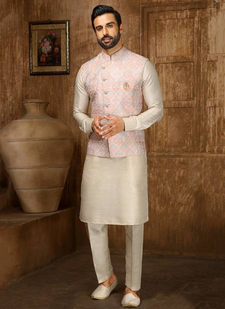 Pink And Cream Colour Ethnic Wear Wholesale Kurta Pajama With Jacket Collection 1325