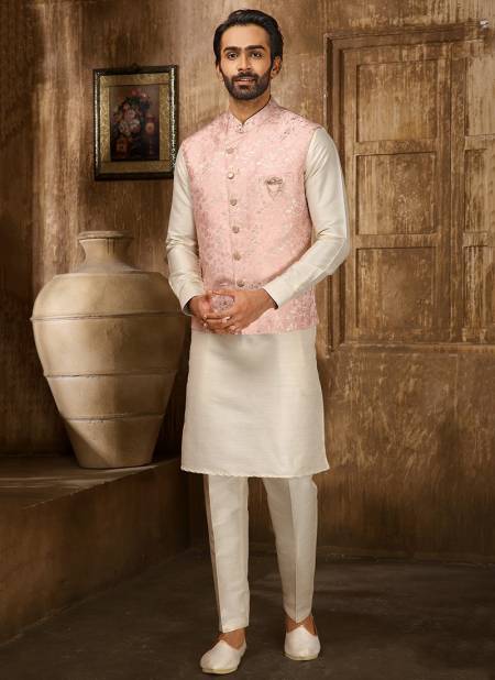 Pink And Cream Colour Function Wear Wholesale Kurta Pajama With Jacket Collection 1363