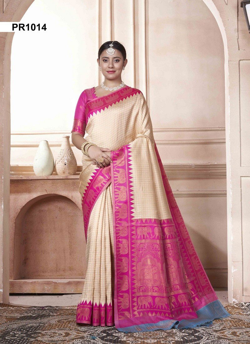 Pink And Cream Colour Preeti By 3 Of Kubera Pattu Kanjivaram Silk Sarees Surat Wholesale Market PR1014