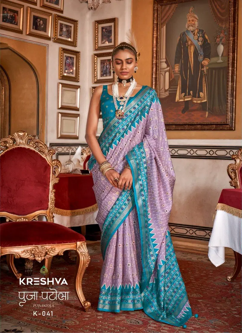 Pink And Firozi Colour Puja Patola By Kreshva Sigma Silk Saree Wholesalers In Delhi K-041