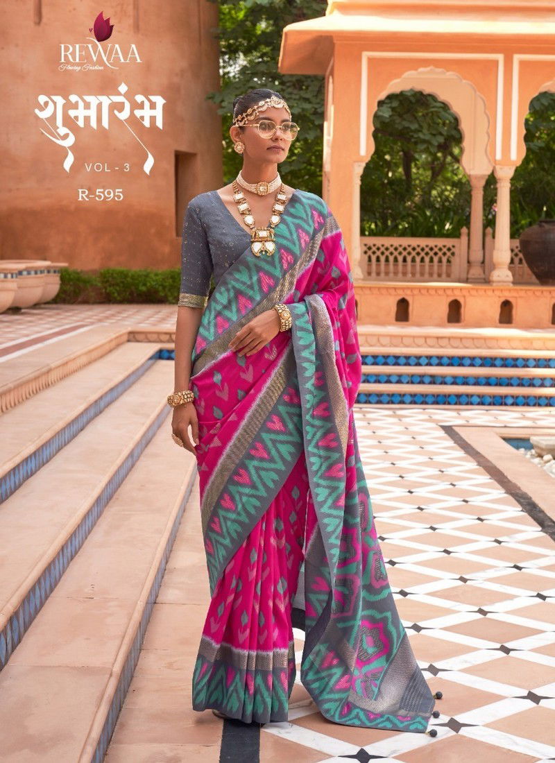 Pink And Gray Colour Shubharambh Vol 3 By Rewaa Printed Saree Catalog 595