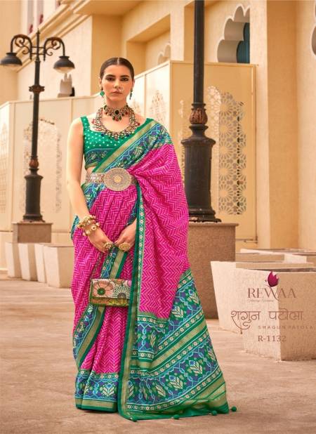 Pink And Green Colour Shagun Patola By Rewaa Silk Designer Saree Catalog R 1132
