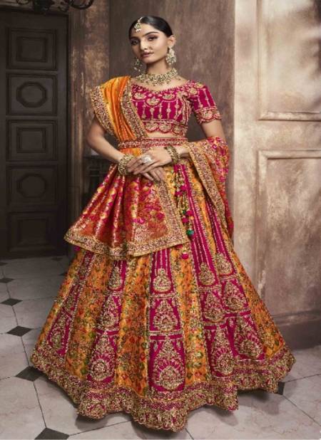 Pink And Mustard Colour Vrindavan Vol 49 By Royal Banarasi Silk Designer Bridal Lehenga Choli Wholesale Suppliers In Mumbai 10293