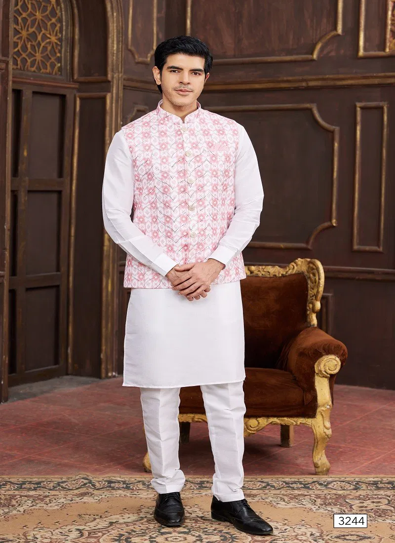 Pink Colour 1643 Party Wear Art Banarasi Silk Mens Modi Jacket Kurta Pajama Wholesale Online 3244