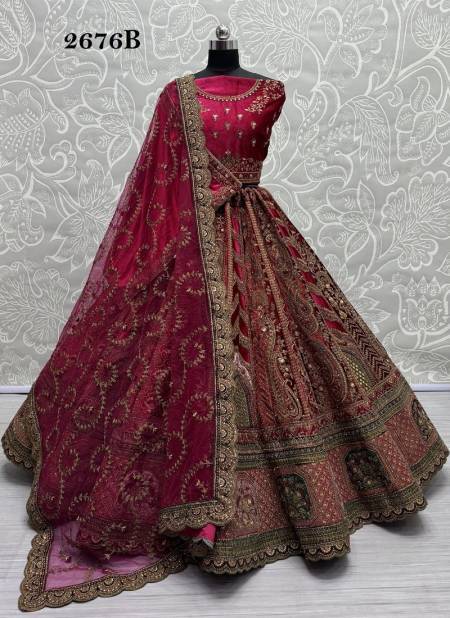 Pink Colour 2676 A and 2676 B by Anjani Art Heavy Velvet Bridal Wear Lehenga Choli Exporters In India 2676 B