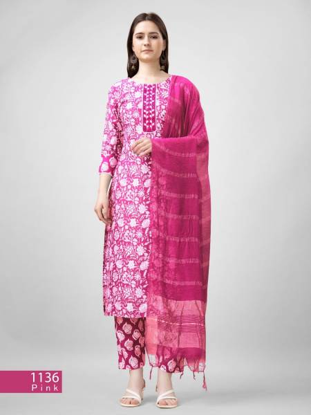 Pink Colour Aaradhna 1136 Rayon Printed Embroidery Kurti With Bottom Dupatta Wholesale Price In Surat
