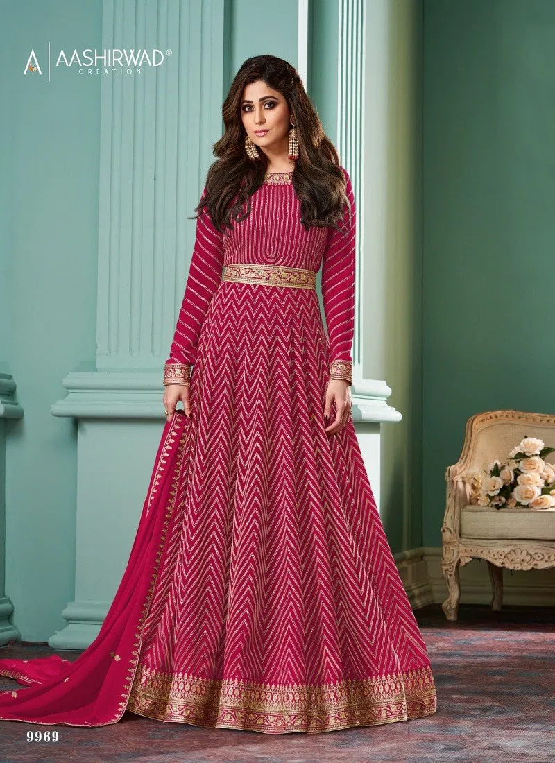 Pink Colour Alizza Pro By Aashirwad Georgette Readymade Gown With Dupatta Wholesale Online 9969