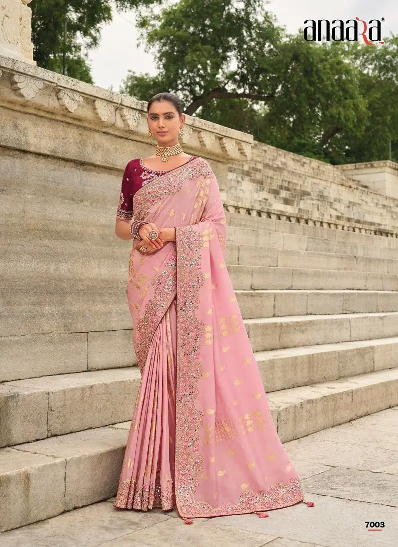 Pink Colour Anaara By Tathastu 7001 To 7011 Series Viscose Tissue Silk Wedding Wear Saree Suppliers in Mumbai TE 7003