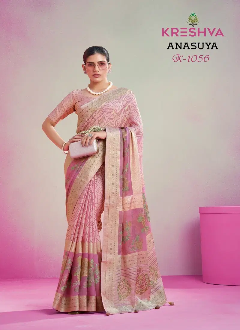 Pink Colour Anasuya By Kreshva Lux PV Georgette Printed Saree Orders In India K-1056