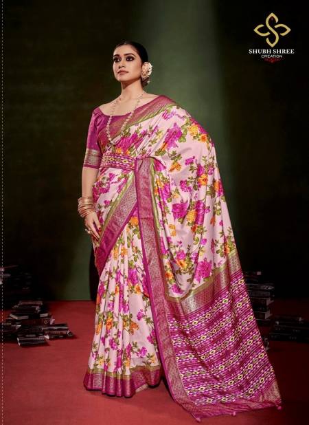 Pink Colour Anusharam By Shubh Shree Velvet Tussar Silk Designer Saree Catalog 1005
