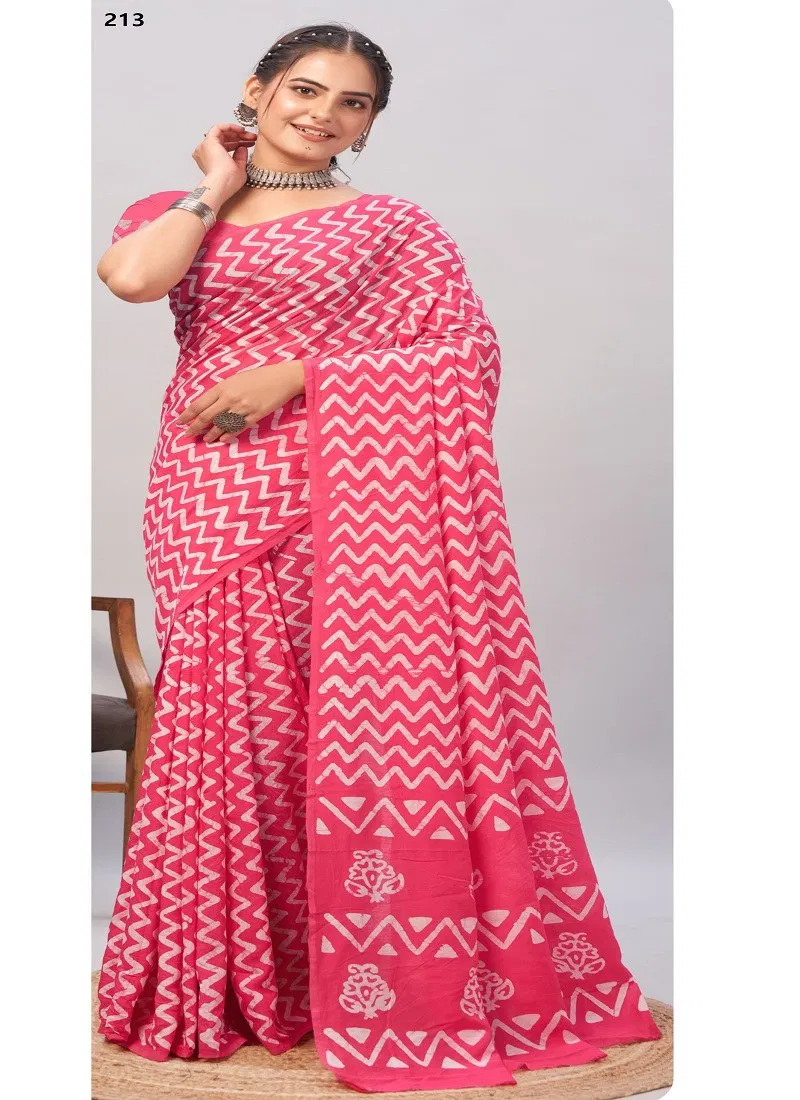 Pink Colour Batik Print By Mira Bela Chanderi Soft Cotton Daily Wear Sarees Wholesale Price MB213