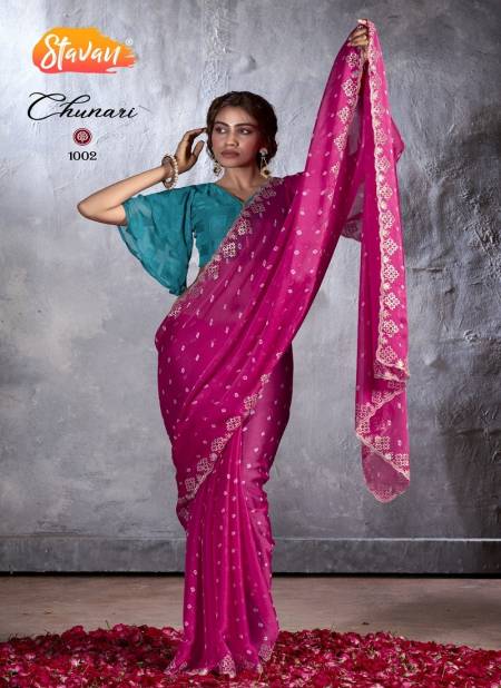 Pink Colour Chunri By Stavan Designer Chiffon Embroidery Sarees Wholesale Price In Surat 1002