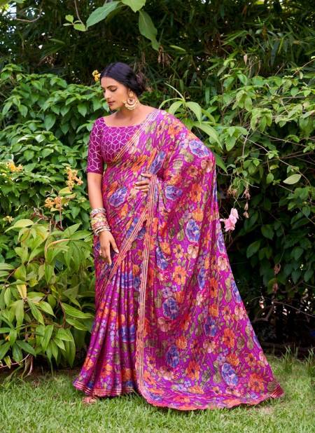 Pink Colour Feena By Stavan 3D Velvet Chiffon Embroidery Saree Exporters In India 1008